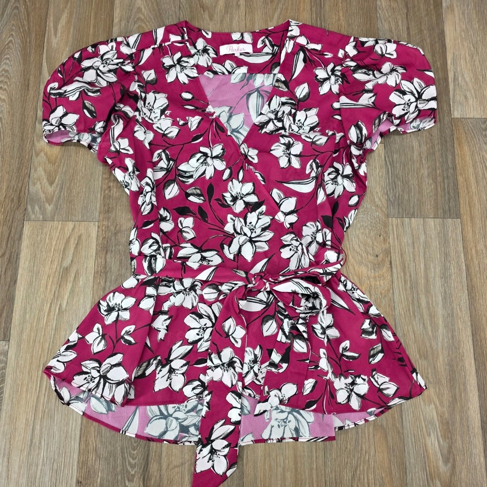 Parker‎ Womens XS Magenta Floral Wrap Blouse Short Puff Sleeve V-Neck Tie Waist